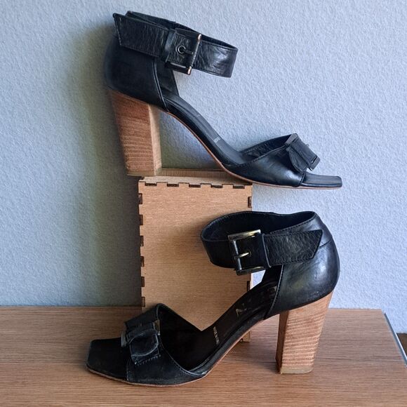 Melin Vintage Leather Ankle Strap Sandals Women 36 Black Block Heel Wood Detail - Picture 4 of 13